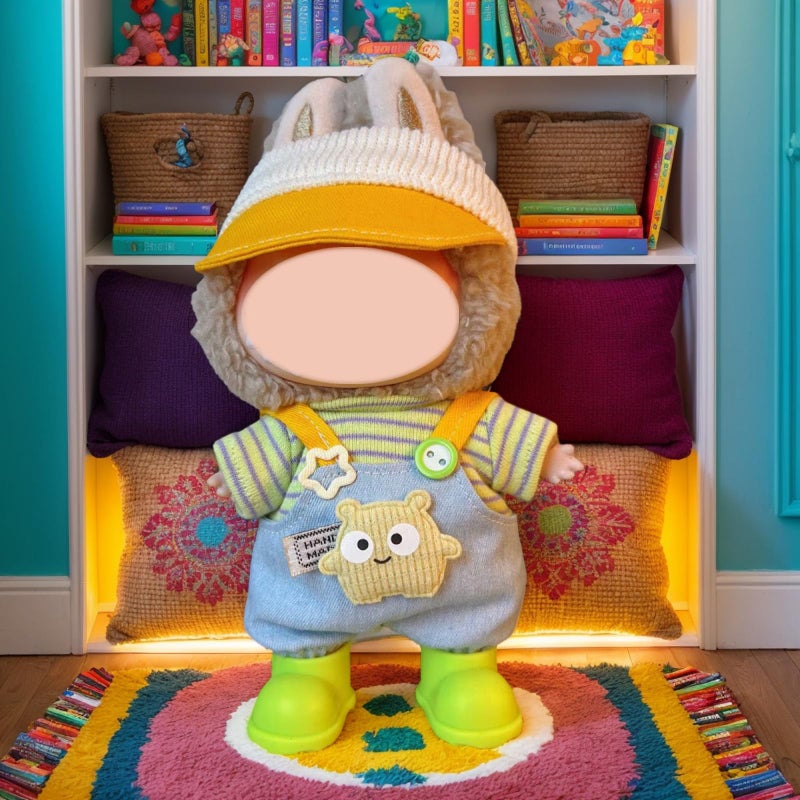 SHUOXUKE Doll Clothes and Accessories, 2025 Stylish Adorable Designed Clothes Outfit for 15cm/17cm Doll with Orange Hat & Overalls & Green Shoes - Image 2